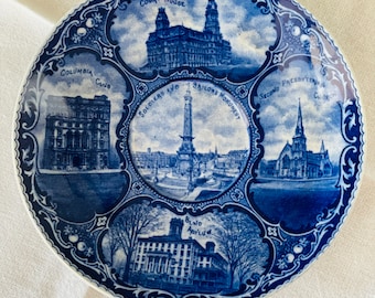 Flow Blue, Indianapolis Souvenir Plate 6.25", R&M, Staffordshire England, Charles Mayer Co. Early 1900's