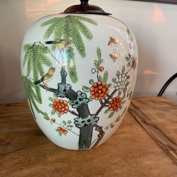 Vintage  Chinese Porcelain Hand Painted Ginger Jar/vase with Wood Lid, Flowers, birds, Bamboo high, Signed