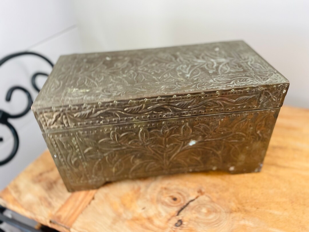Large Vintage Wood Lined Embossed Brass Box Etsy
