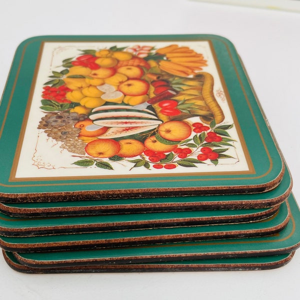 Set of 6 Cork backed Pimpernel Coasters, Williamsburg Fruit, Original Box