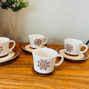 Retro Merida Iron Stone Hand Decorated Cups and Saucers, White with Brown Floral, 4214, Ovenproof, Japan, 4 mugs, 3 saucers