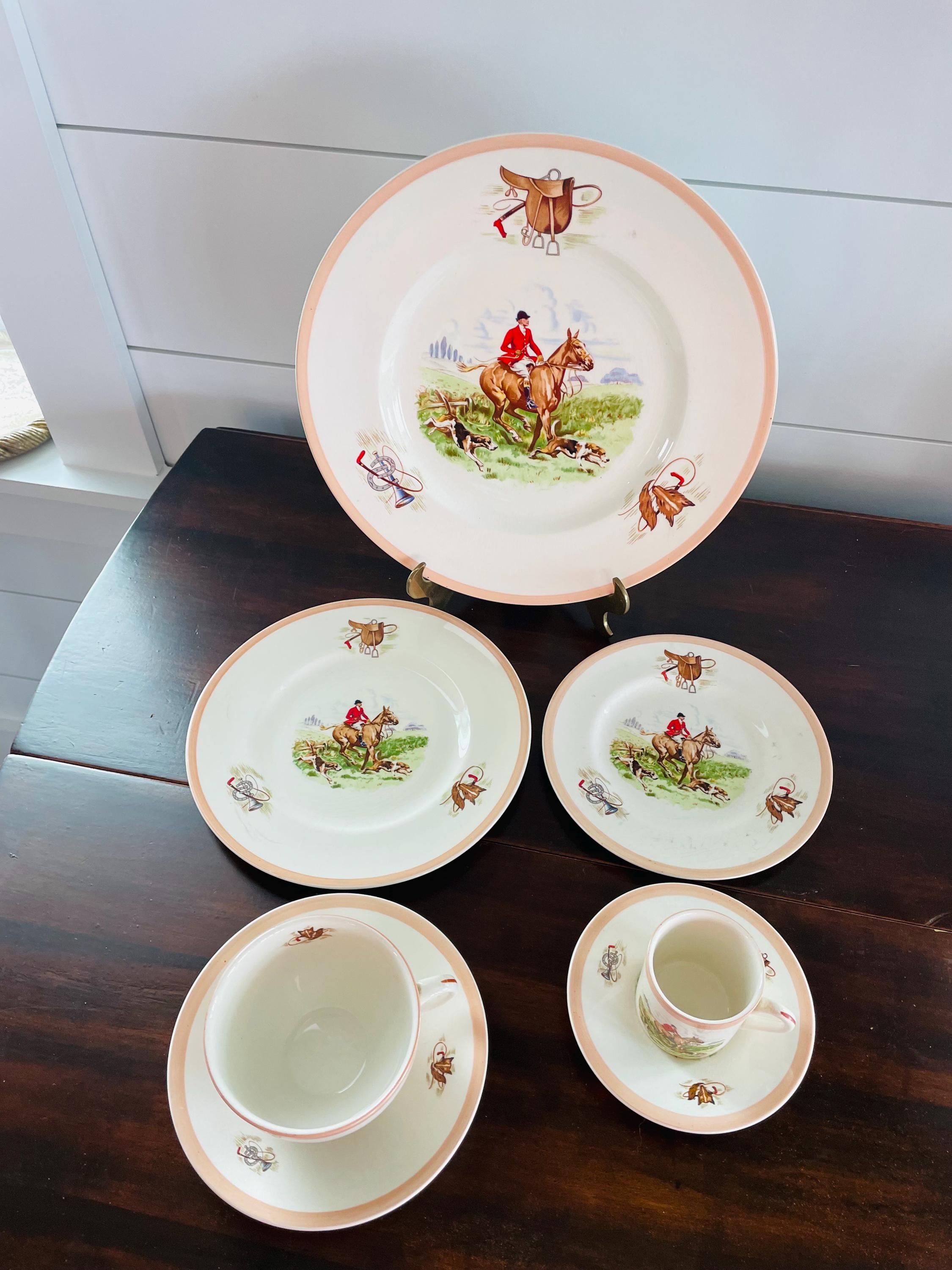 7 Piece Ambassador Ware Place Setting, English Hunting Scene