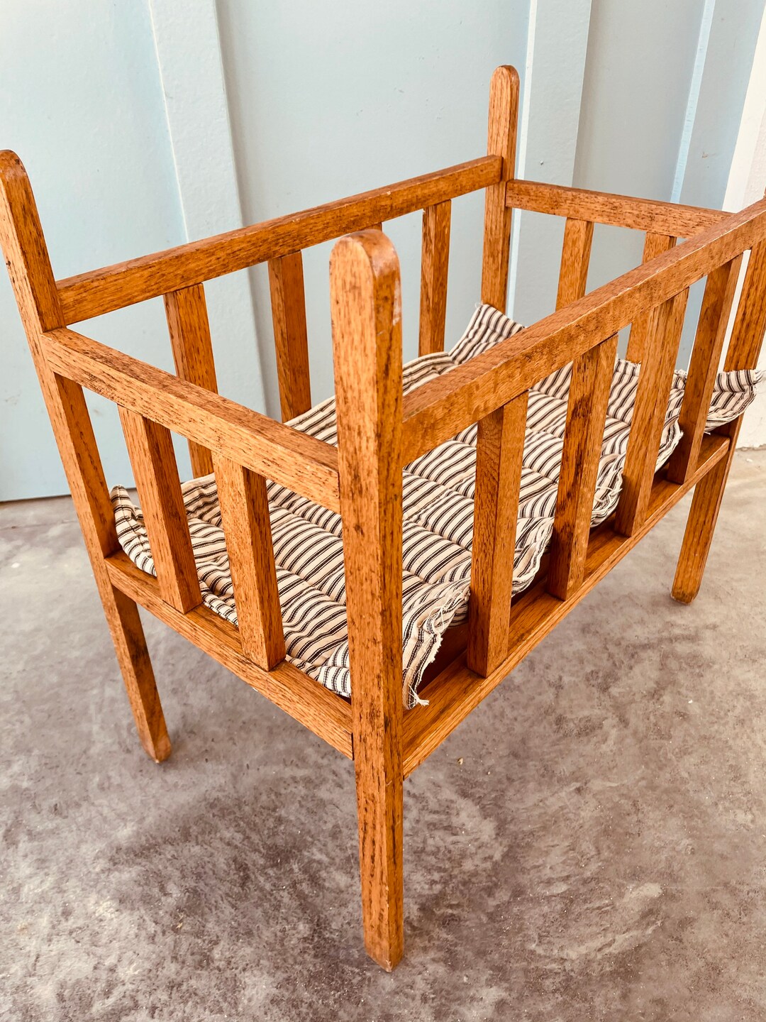 Hand Made Solid Wood Doll Bed With Antique Ticking Quilted Mattress