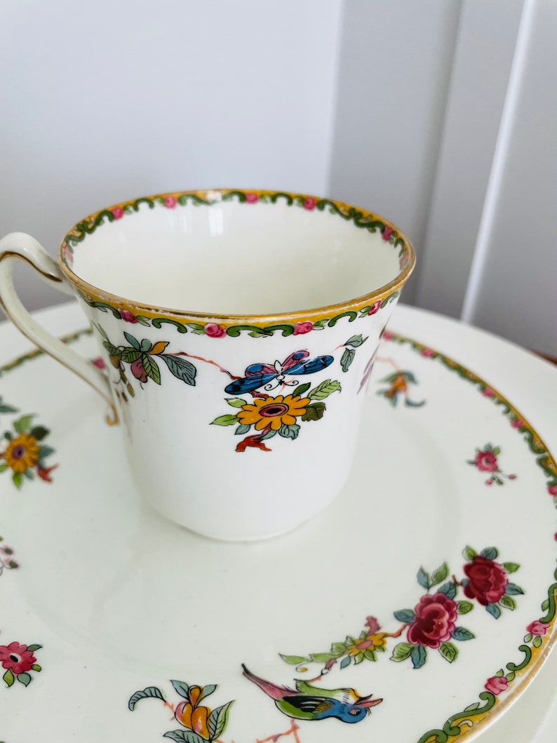 15 pc Antique Royal Grafton Fine Bone China Made in England Cake Plate,plates, cups Birds and Flowers collectible porcelain image 2