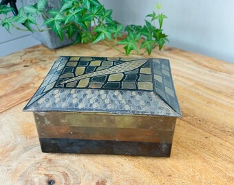 1950's Mixed Metal Media Trinket Lidded Box, Textured Abstract Keepsake Desk, Dresser Box