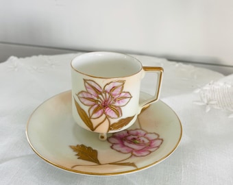 Vintage Porcelain Espresso Demitasse cup and Saucer, Delicate Footed Cup, Raised Gilded Pink Flower