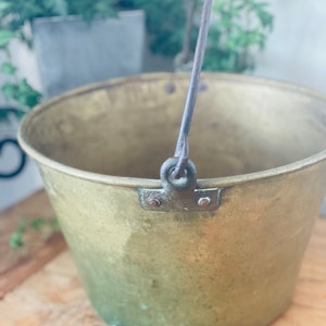 Antique Rustic Brass Pot with handle, Brass Planter, Large Brass handled Cauldron, Forged Handle Brass Pail, Farmhouse, Hearth image 2