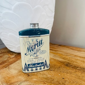 Antique Meritt Powder Tin, Advertising Tin, Blue and Silver, Collectible Tin, Greensboro NC, Trophy Graphics, Good Housekeeping