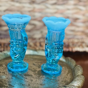 Pair of Fenton Blue Opalescent Glass Vases, Bud Vase
