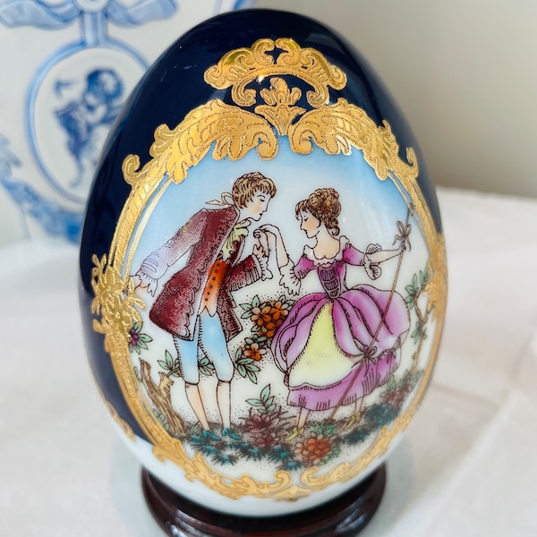 Vintage Limoges Large Egg with Courting Couple, Cobalt Blue with Gilded Trim , hand painted