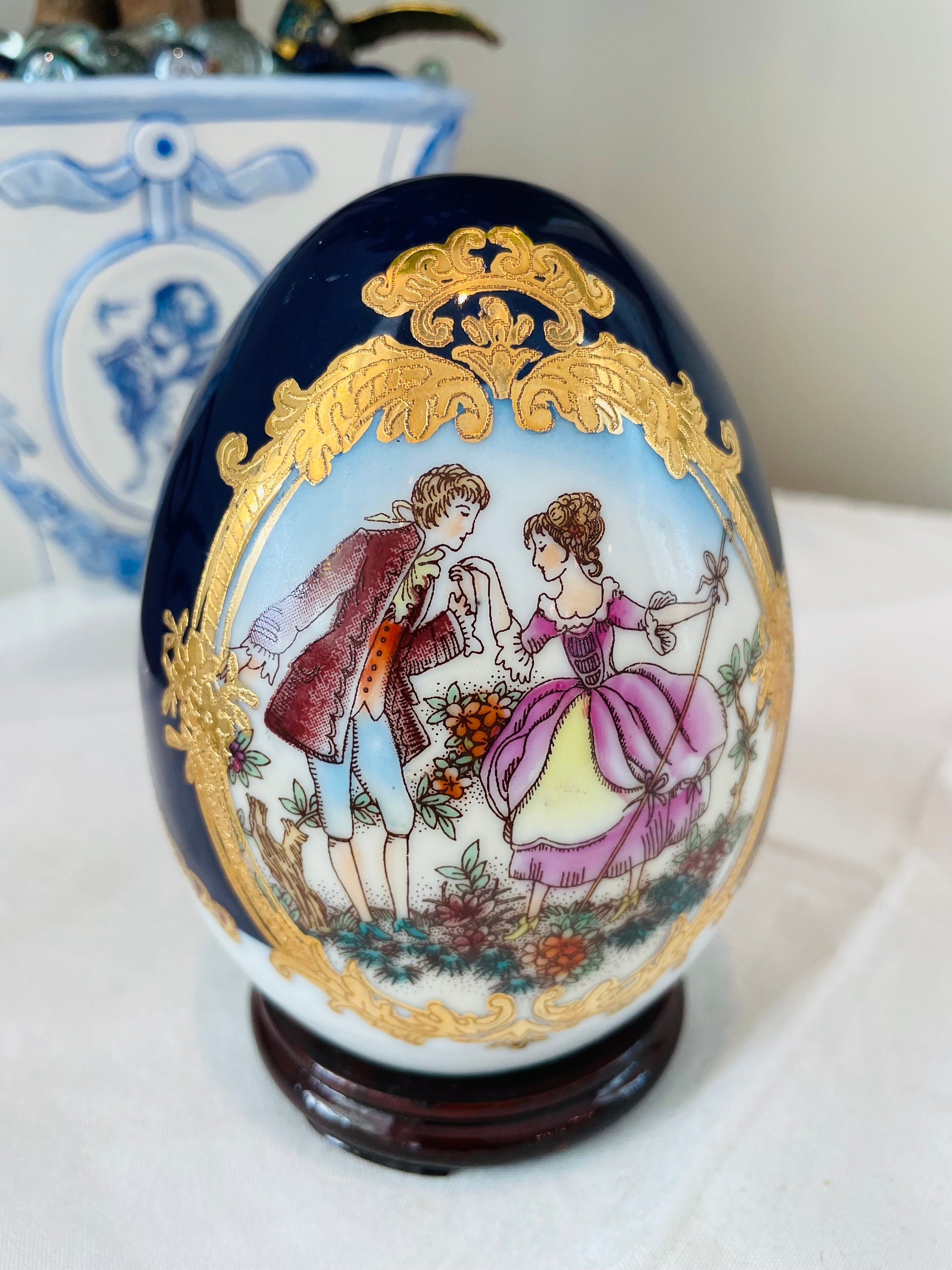 Vintage Limoges Large Egg With Courting Couple, Cobalt Blue With