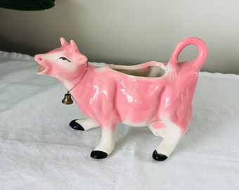 Vintage Pink Mooing Cow Creamer with Bell, Collectible Farm