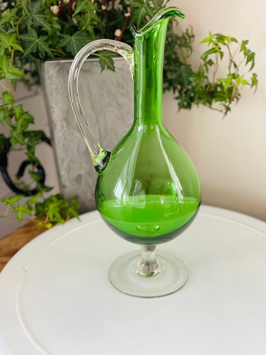 Hand Blown Green Glass Vase/pitcher With Clear Base and Handle