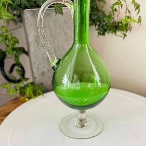 Gorgeous Hand Blown Green Glass Vase/Pitcher with Clear base and handle