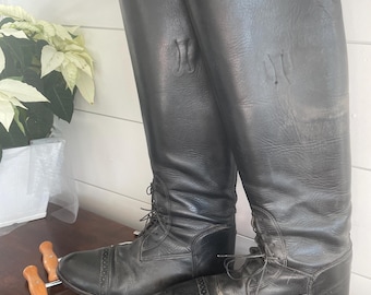 Vintage svarta ridstövlar i läder, med bårar, snörning, höga stövlar, ridstövlar, storlek 10