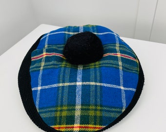Vintage Scottish Plaid Tam Hat, Blue Wool Tartan Unisex Snap bill with Black Pom Pom