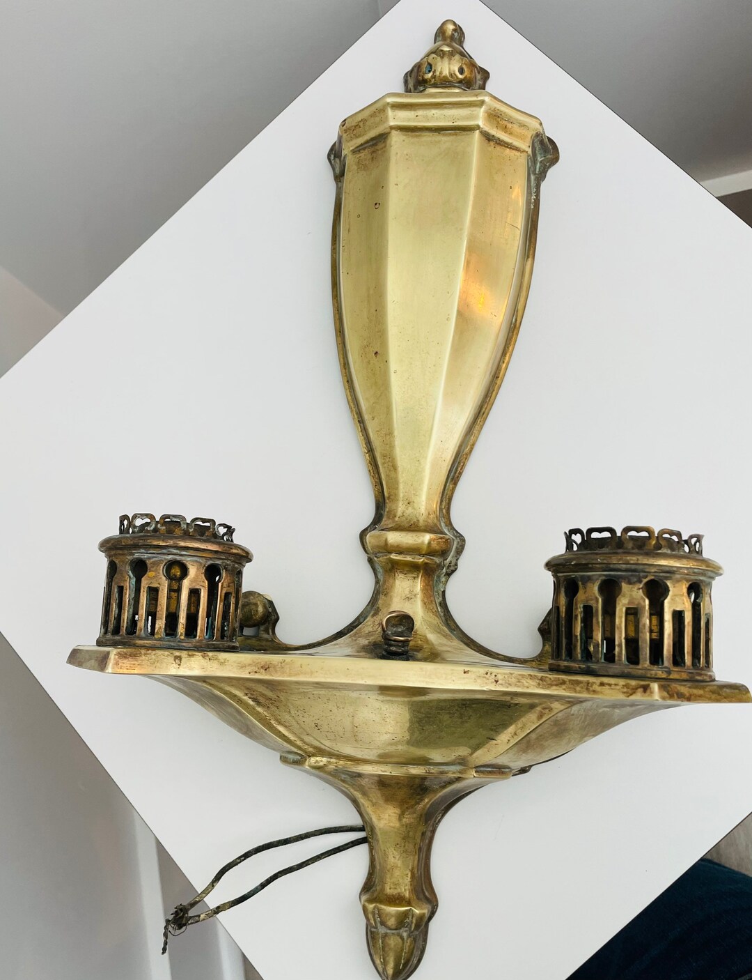 Stunning and Heavy Antique Brass Wall Mount Light Sconce With Double