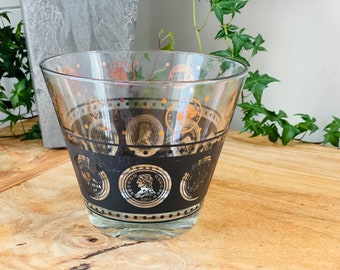 Mid Century Glass Coin Black and Gold Ice Bucket, Mid Century Barware, MCM, Coins from Around the World