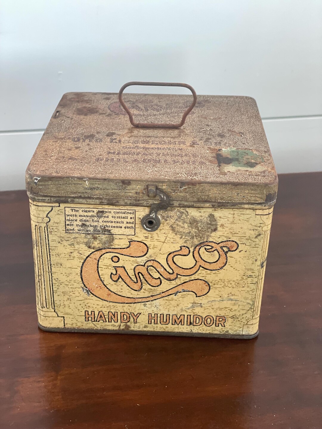 Antique Cinco Tin With Hinge Latch Lid, Handy Humidor, Cinco