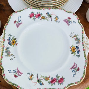 15 pc Antique Royal Grafton Fine Bone China Made in England Cake Plate,plates, cups Birds and Flowers collectible porcelain image 6