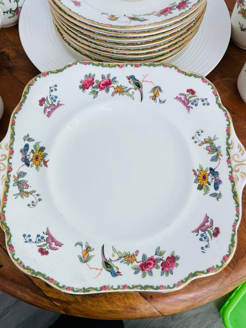 15 pc Antique Royal Grafton Fine Bone China Made in England Cake Plate,plates, cups Birds and Flowers collectible porcelain image 6