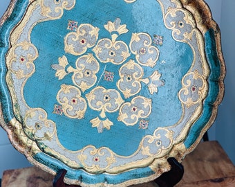 Large Italian FLORENTINE Gold and Teal Round Wood Tray, Made in Italy 15"