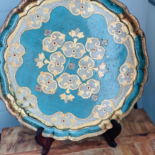 Large Italian FLORENTINE Gold and Teal Round Wood Tray, Made in Italy 15"
