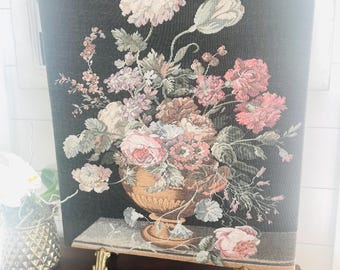 Brass Footed Floral Tapestry with Brass Finial, Fireplace Spring Screen, Tabletop Art (will ship cheaper with UPS ground)
