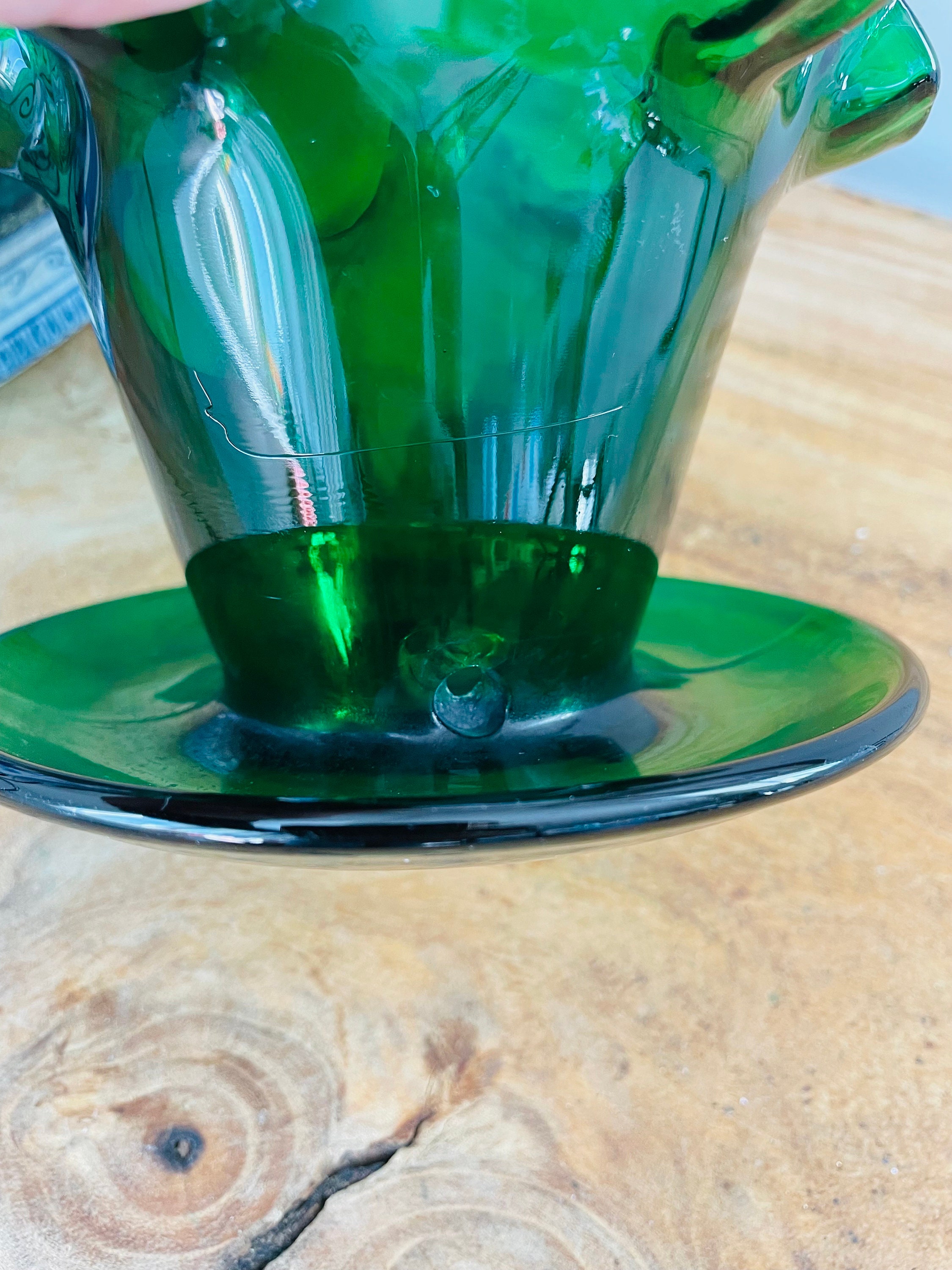 Early Fenton Forest Green Glass Planter With Crimped Ruffled Edge