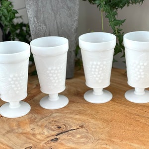 4 Vintage Mid Century Anchor Hocking Harvest Grape Footed Milk Glass Goblets