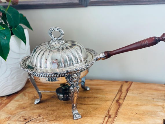 Vintage Silver Plate Chaffing Stand, Burner, Pan with Wood Handle, Old English by Poole