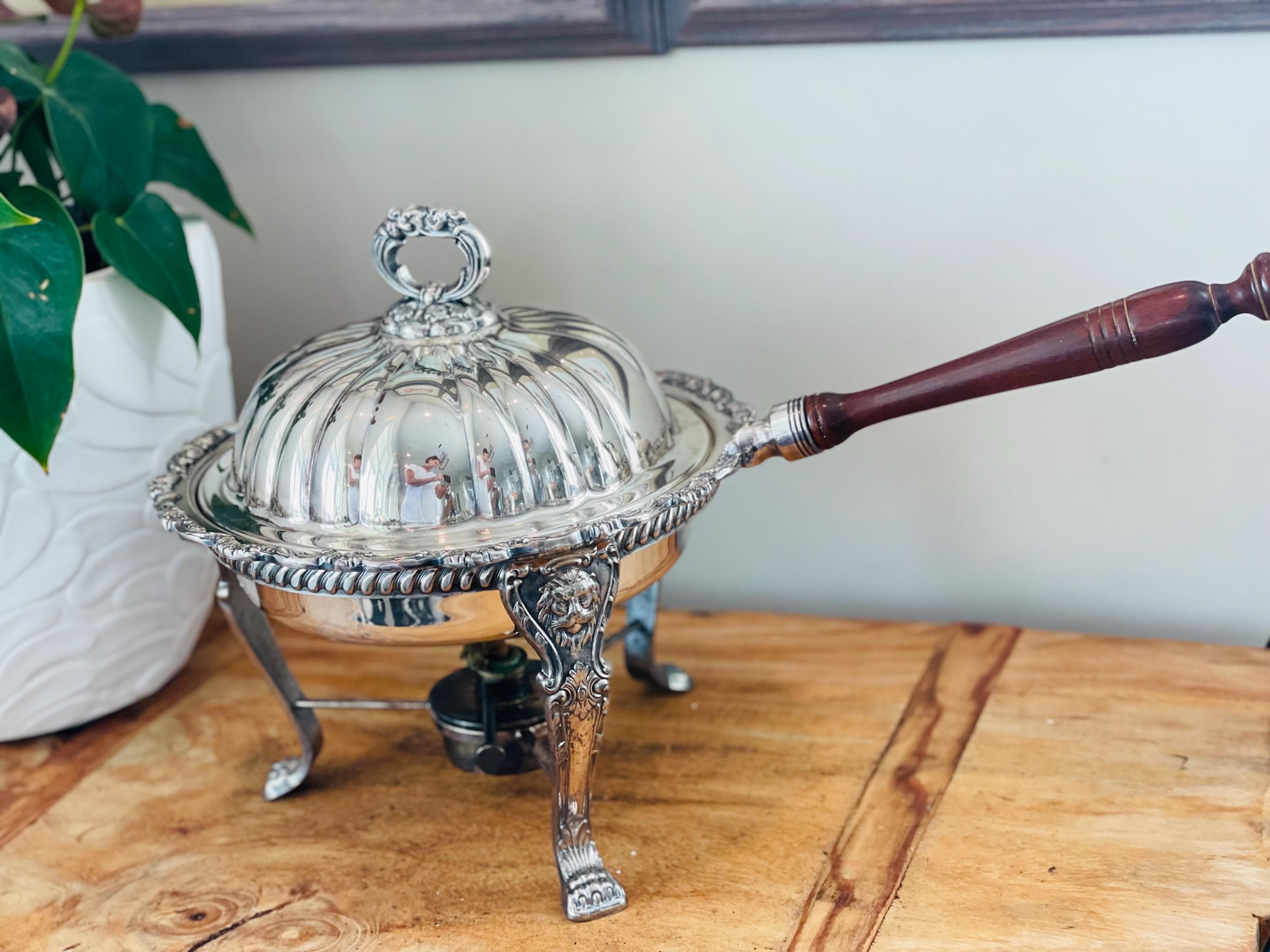 Vintage Silver Plate Chaffing Stand, Burner, Pan With Wood Handle