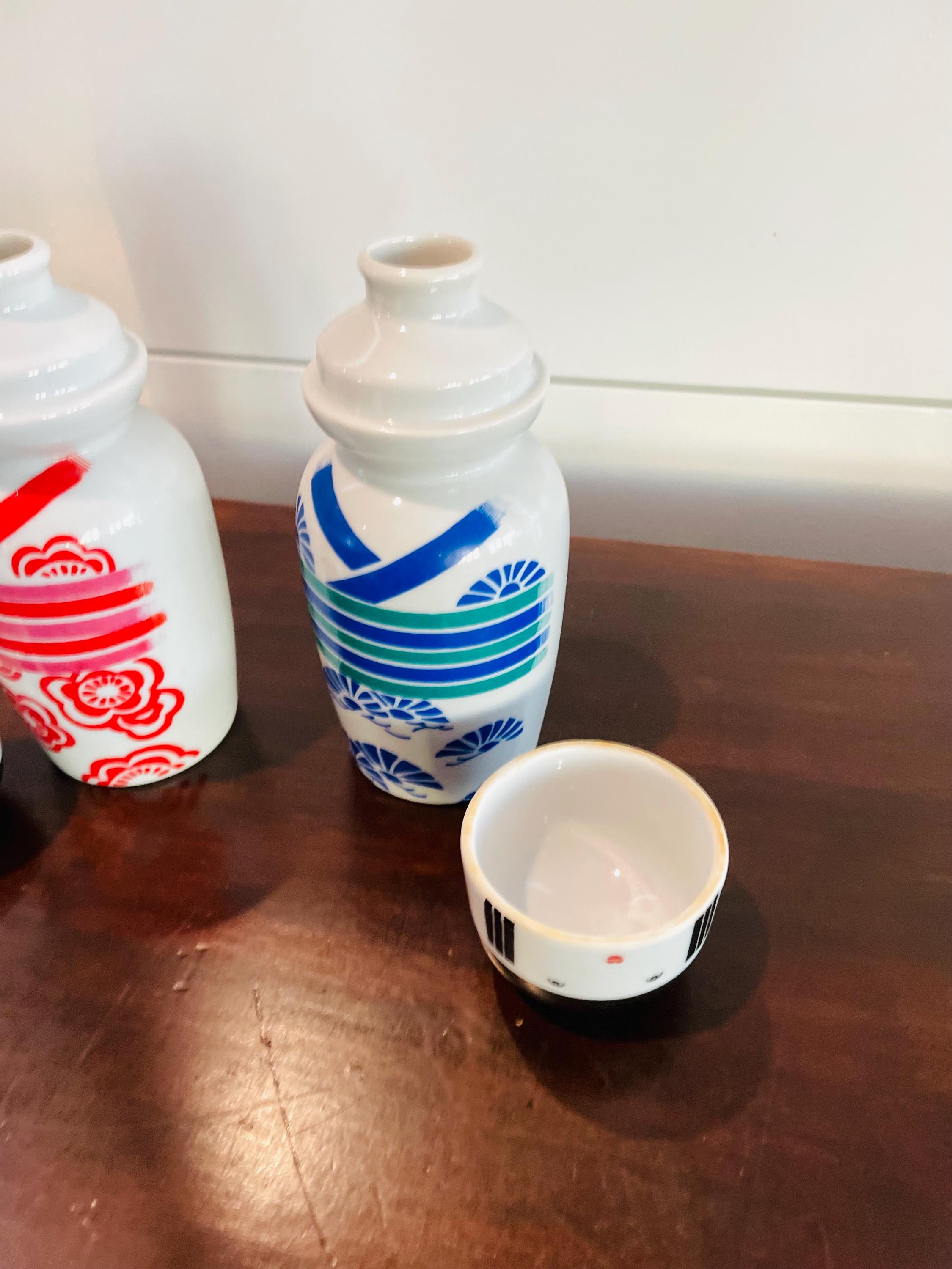 Pair of Vintage Kikkoman Wine Sake Decanters/cups, Kokeshi Dolls