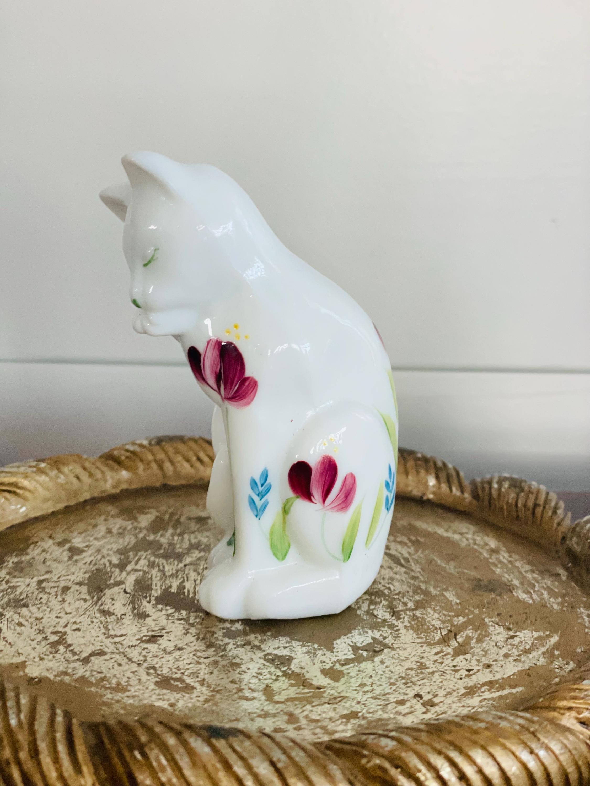 Vintage 1970's White Glass Cat Figurine, Hand Painted Sitting Cat