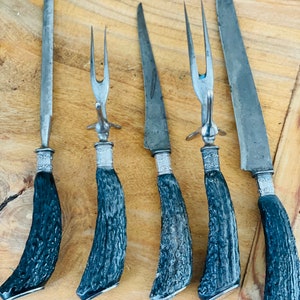 Vintage “Lee” Stag Handle Carving Set, Sterling Silver Ferrules and End pieces, Monogram AHT