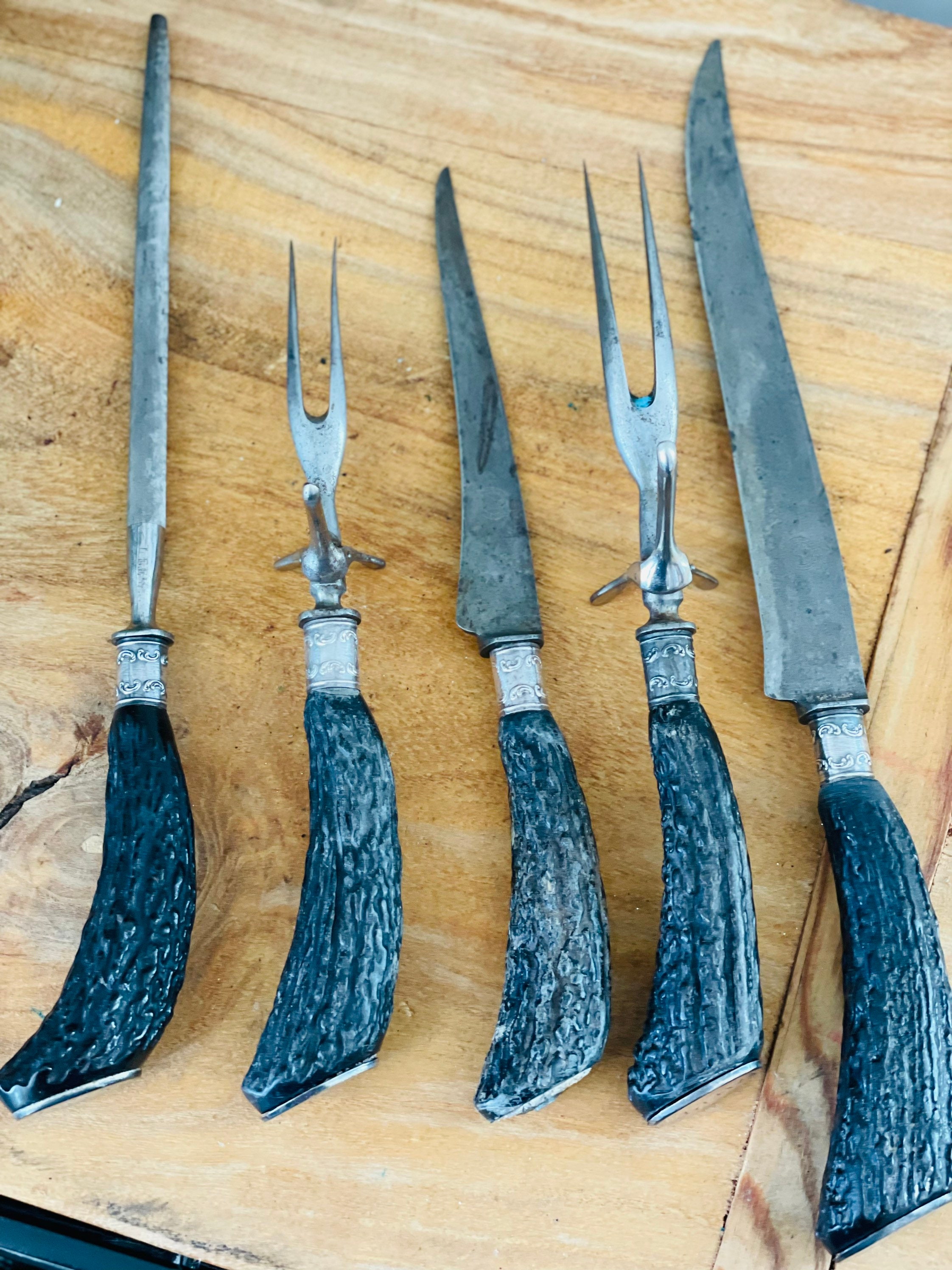 ANTIQUE LEE'S set of 3 antler Carving knife set with STERLING SILVER overlay