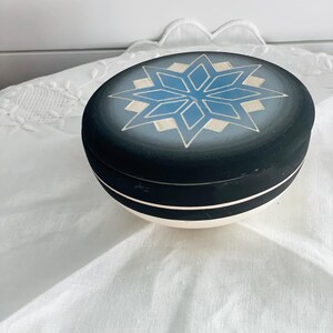 Può includere: Un contenitore rotondo con coperchio caratterizzato da una finitura sfumata blu scuro e nera. Il coperchio presenta un motivo geometrico a stella in azzurro e bianco. La base del contenitore è nera con una sottile striscia orizzontale bianca.