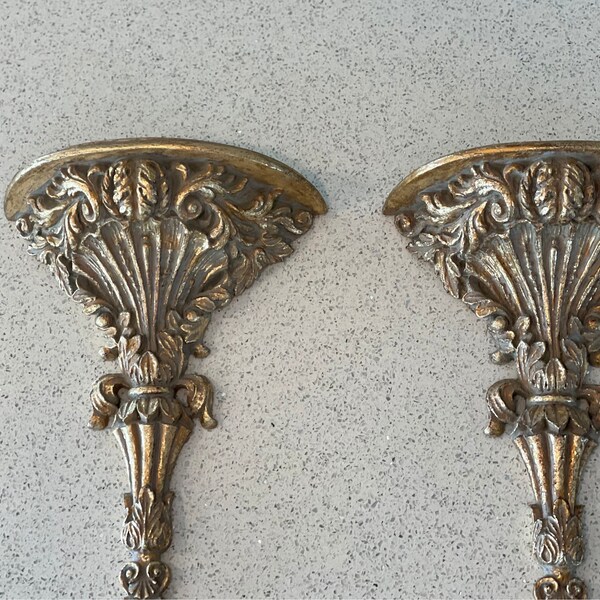 Vintage Pair of Rococo Baroque Styled Gold Gilded Wall Sconce Shelfs, Florentine with Green Undertones, Hollywood Regency Giltwood