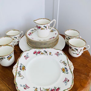 15 pc Antique Royal Grafton Fine Bone China Made in England Cake Plate,plates, cups Birds and Flowers collectible porcelain image 1