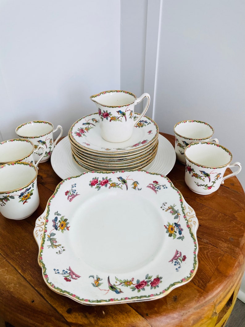 15 pc Antique Royal Grafton Fine Bone China Made in England Cake Plate,plates, cups Birds and Flowers collectible porcelain image 1