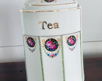 Vintage Porcelain German White Block Tea Canister with Pink Roses, Gilded Edges
