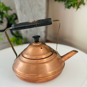 May include: A copper teapot with a black wooden handle and a brass spout. The teapot has a round body and a domed lid.