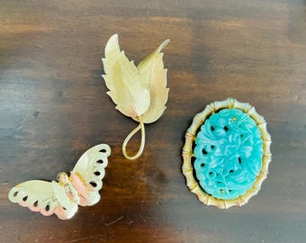 Lot of 3 Vintage Brooches, Faux Jade, Butterfly and Leaves, Costume Jewelry
