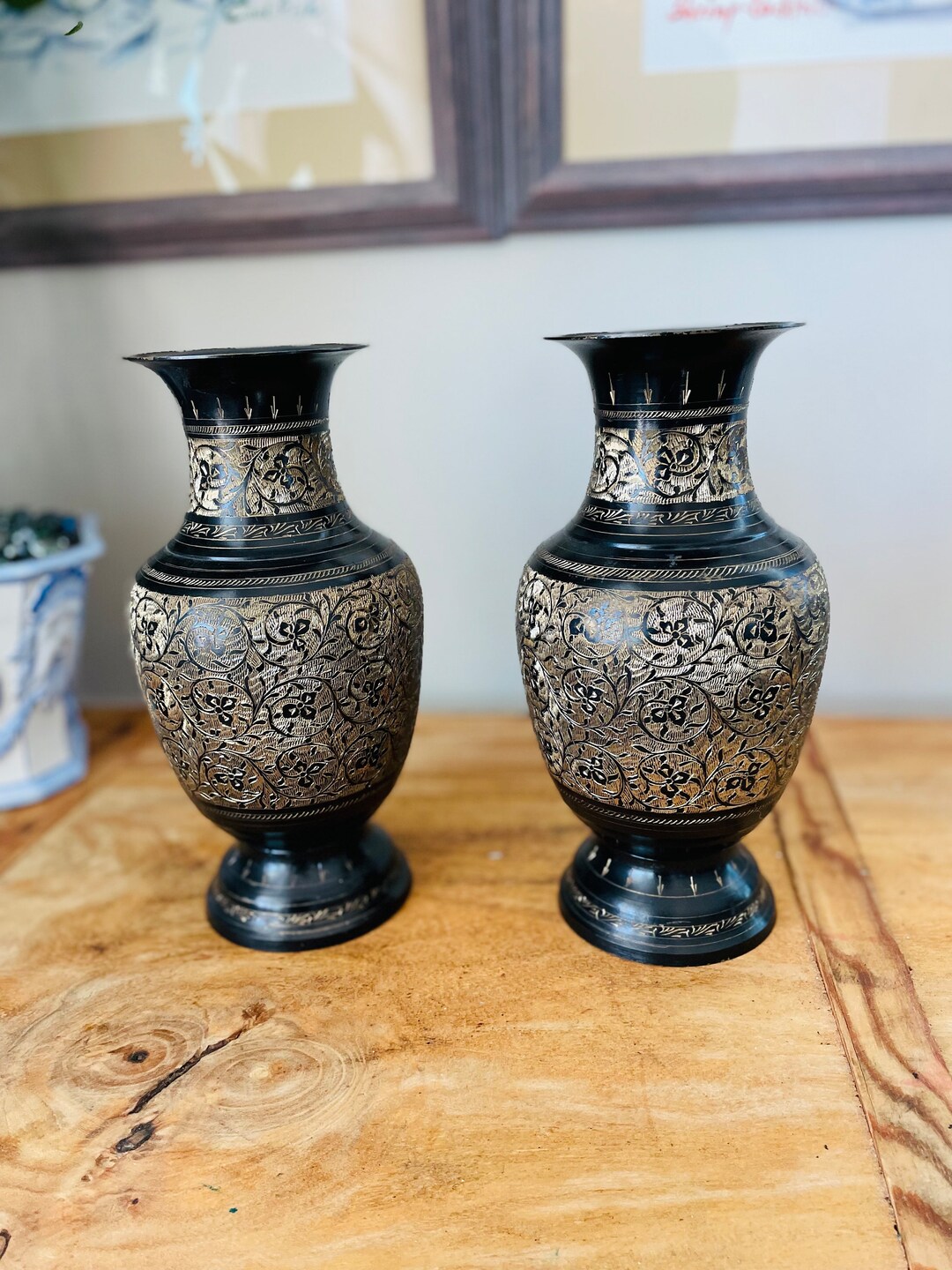 Pair of Vintage Mid Century Black and Gold Etched Brass Vases, Urns Etsy