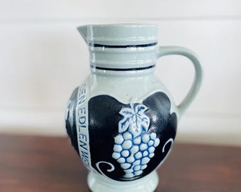 Vintage German Salt Glazed Stoneware Wine Jug, Grey with Blue Details, Grapes, Den Edlen Wein, 1ltr