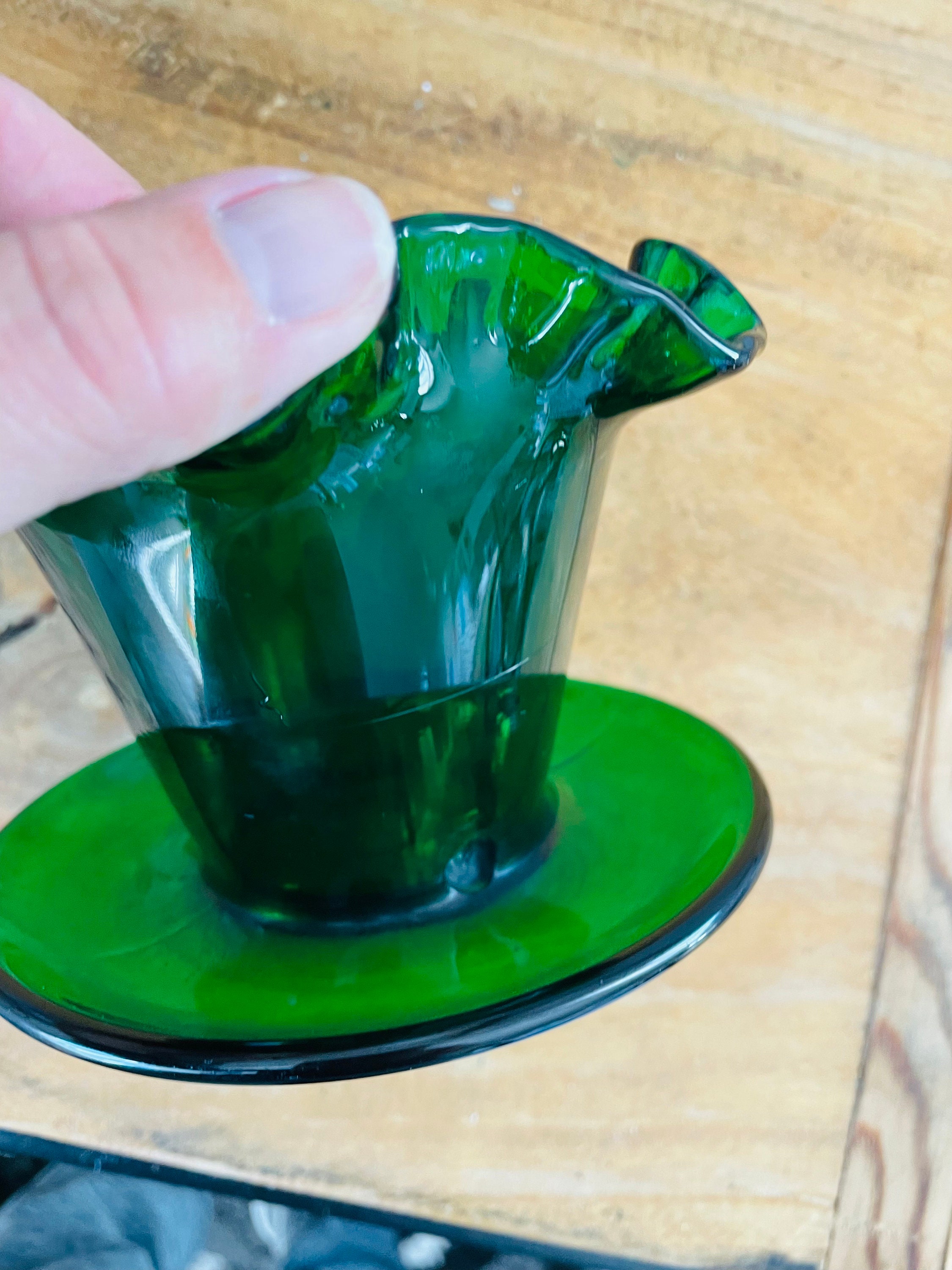Early Fenton Forest Green Glass Planter With Crimped Ruffled Edge