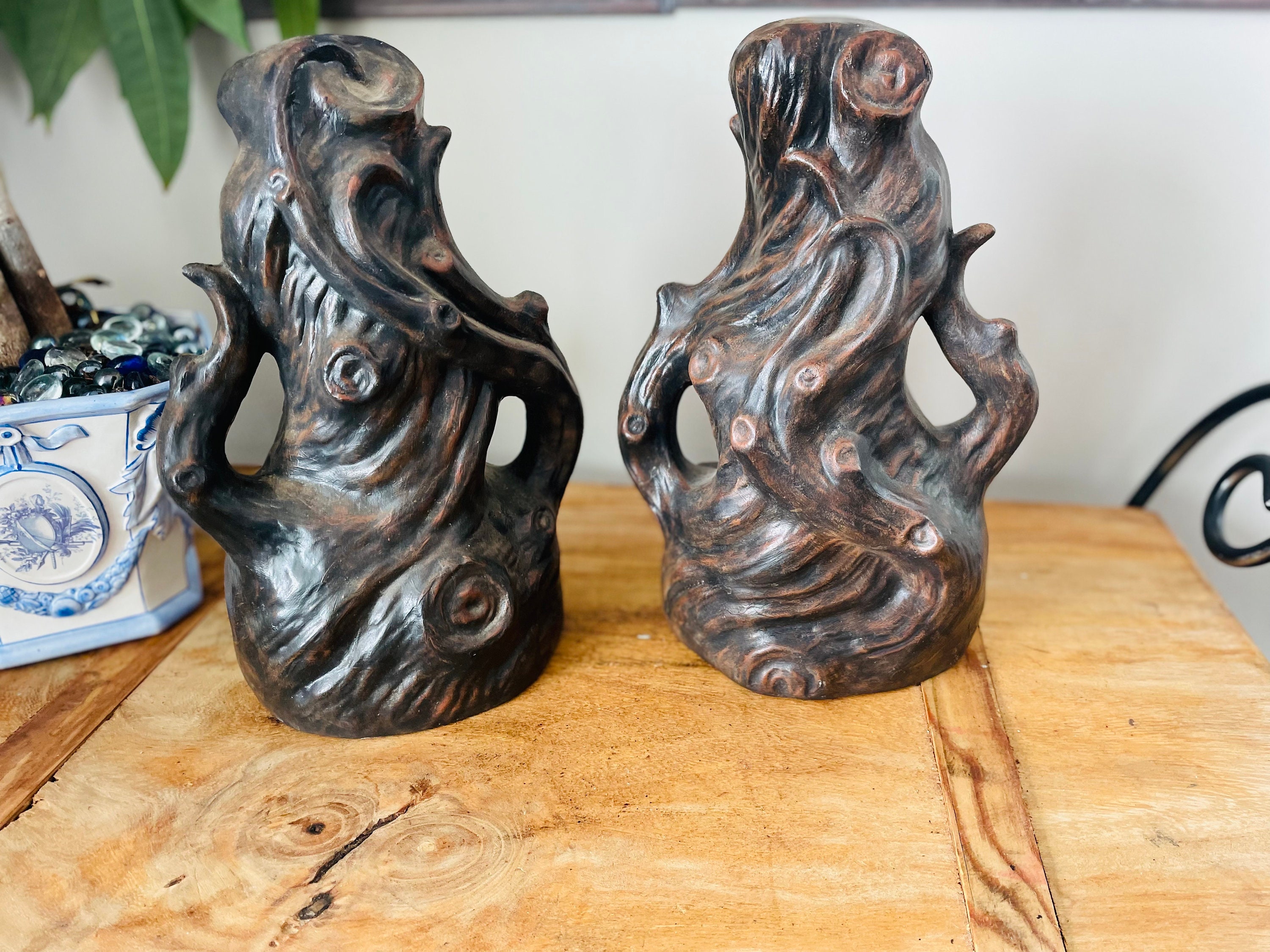Pair of Vintage Arnel Ceramic Tree Root, Trunk sculptures, Mid Century Brown Shelfies
