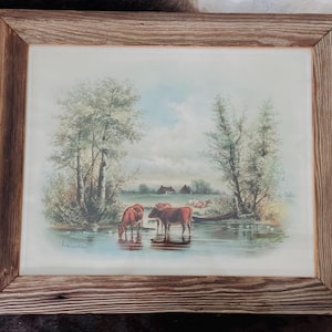 Impression vintage de bétail pastoral encadré par « Chandler » Cadre en bois brut fait main, verre, ferme, maison de campagne, décor de ranch, signé