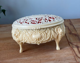 Vintage Cream Footed Oval Celluloid Jewelry Box with Foo Dogs, Red Interior with Mirror