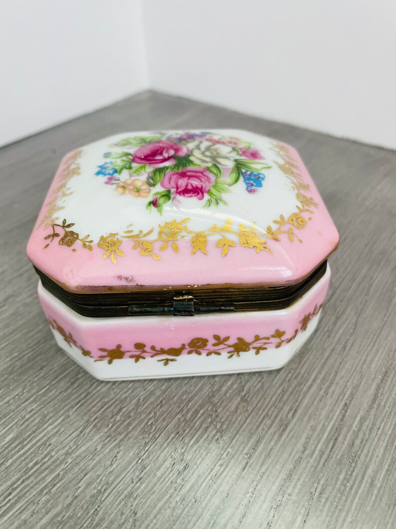 Gilt Floral, Vintage Porcelain Floral Hinged Trinket Box by Norleans Japan